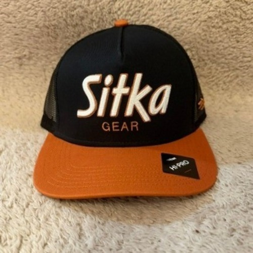 Sitka Gear 90s Script Hi Pro Trucker Hat Black Orange Snapback Cap NEW